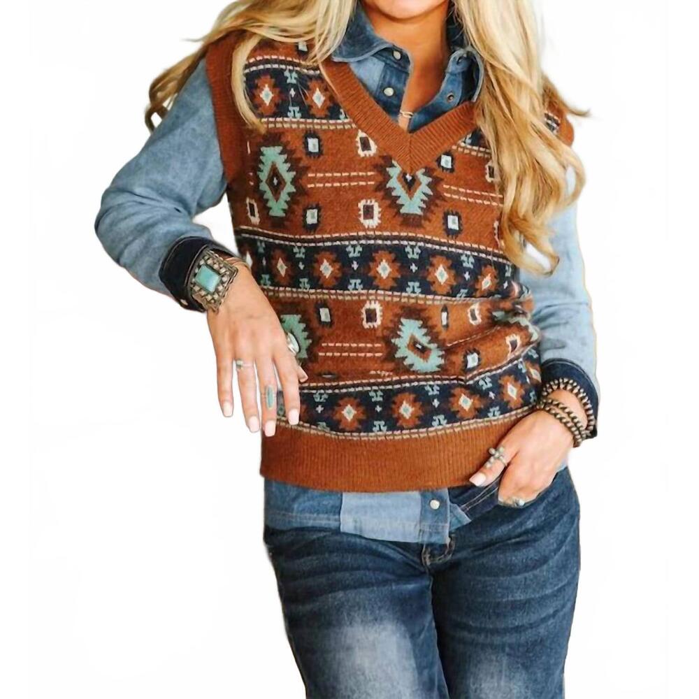 NEW LUCKY & BLESSED southwestern knit sweater vest in brown